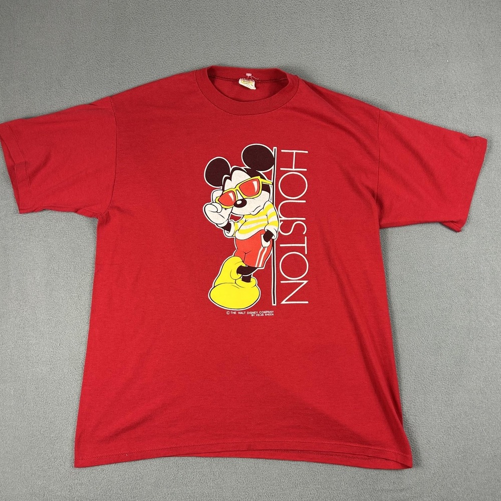 Vintage Disney Mickey Mouse Houston Shirt Mens XL‎ Red Graphic Velva Sheen 90s